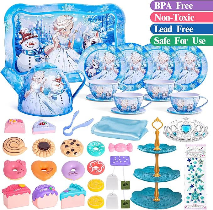 Frozen Tea Party Set for Little Girls, Princess Gift Toy, Kids Pretend Play Tin Tea Set with Teapot, Tea Cups, Food Playset & Carrying Case