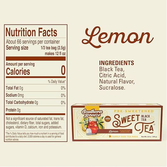 Southern Breeze Hot Brew Sweet Tea Lemon Iced Tea with Black Tea and Zero Carbs Zero Sugar, 22 Individually Wrapped Family Size Tea Bags, Pack of 2