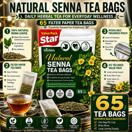 WOTIHA 65 Count Premium Smooth Move Tea Bags - 100% Natural Senna Leaf, Relieves Occasional Constipation, Supports Digestive Health, Caffeine-Free, Additive-Free, Sugar-Free, Vegan