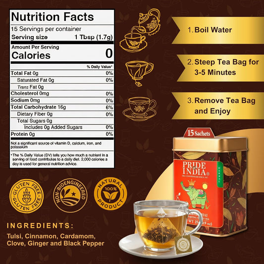 Pride of India Herbal Chai Spiced Tea – 90 Pyramid Tea Bags (6 PACK) | Individually Wrapped Warm & Comforting Spice Tea with Tulsi, Cinnamon, Cardamom, Clove, Ginger & Black Pepper | Caffeine Free
