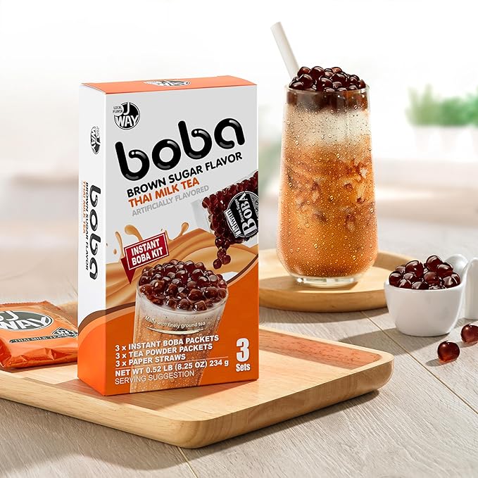 J WAY Instant Thai Milk Tea Kit with Authentic Brown Sugar Tapioca Boba, Ready in Under One Minute, Paper Straws Included - 3 Servings