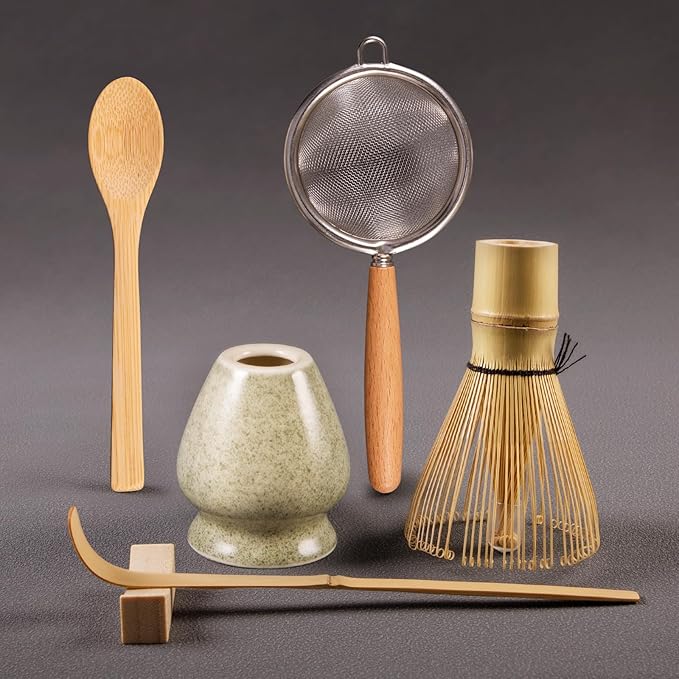 COANTO Matcha Whisk Set - Includes Sifter Bamboo Whisk (Chasen), Tea Spoon, Spoon Holder, Scoop and