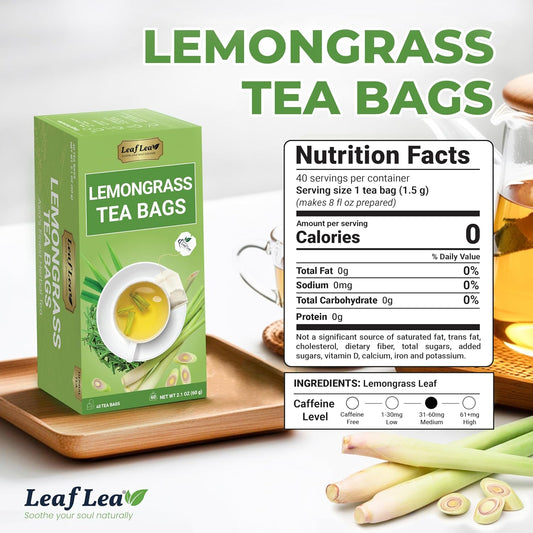 LeafLea Premium Lemongrass Herbal Tea Bags, Digestion Support, 80 Count | Natural Lemongrass Leaves, Te De Limoncillo, Light & Soothing Taste, Caffeine-Free, Sugar-Free, Vegan, Individually Wrapped