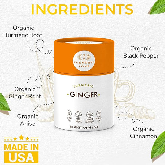Turmeric Zone Organic Turmeric Ginger Decaf Tea with Turmeric Root, Ginger Root, Cinnamon and Black Pepper - 4.75 oz