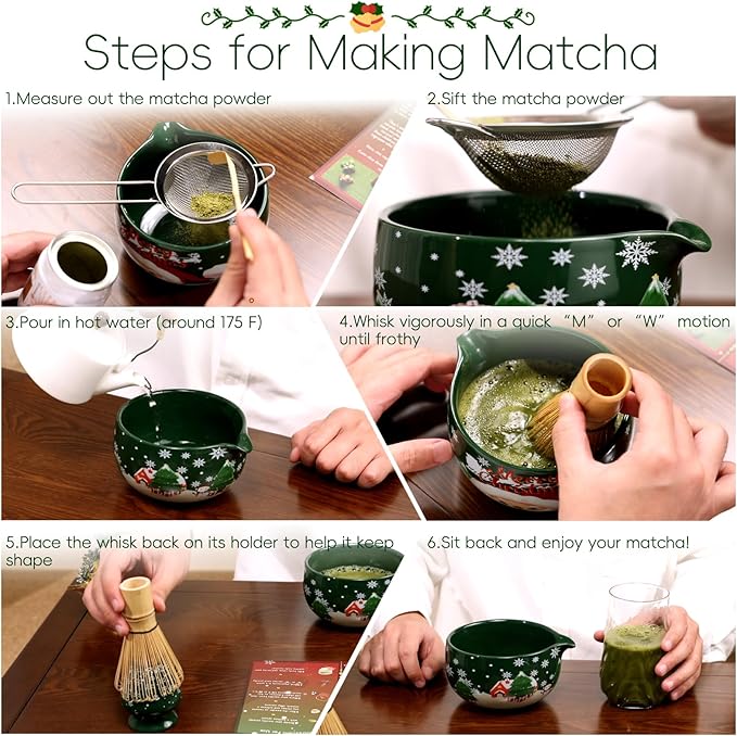 Christmas Gifts Matcha Whisk Set, Ceramic Matcha Set Includes Bowl & Holder, Bamboo Whisk (Chasen), Scoop, Spoon and Sifter