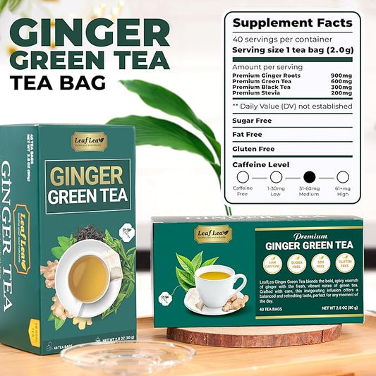 LeafLea Green Tea with Ginger, 80 Tea Bags (2 Packs), Natural Green Tea with Ginger Root, Lightly Sweetened with Stevia, Supports Digestion and Immunity, Low Caffeine, Non-GMO, Gluten-Free