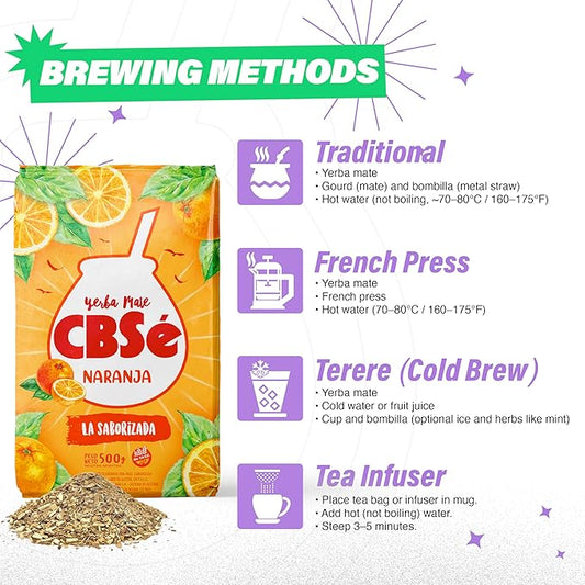 CBSé Yerba Mate Orange Flavor – Loose Leaf Yerba Mate Tea, Naturally Caffeinated, Gluten-Free - 1.1 Lbs- 500 Gr