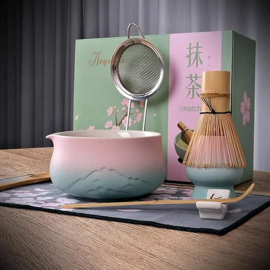 Joyscale Matcha Whisk Set, Matcha Set Whisk And Bowl, 8 Pcs Matcha Kit Set(Distant Mountains Design), 18 OZ, Japanese Matcha Tea Set, Matcha Making Kit Gifts for Tea Lovers(Pink Green)