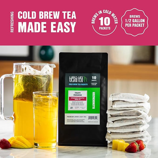 Tiesta Tea - Fruity Paradise Cold Brew, Loose Leaf, Strawberry Pineapple Green Tea, Medium Caffeinated, Cold Brew Packets, Makes 64 oz of Pitcher Per Bag (Pack of 10)