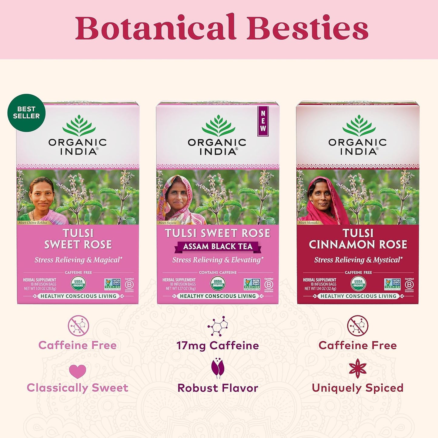 ORGANIC INDIA Tulsi Cinnamon Rose Tea Bags, 18 Infusion Bags, 6 Pack | Tulsi Rose Tea, Cinnamon with Holy Basil, Chamomile, Stevia, USDA Certified Organic Caffeine Free Herbal