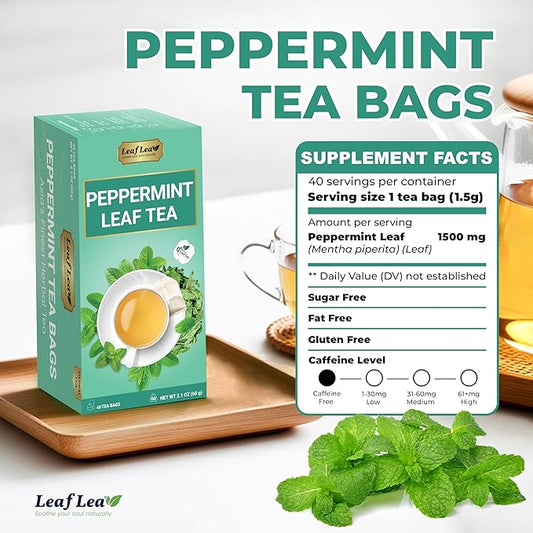 LeafLea 40 Peppermint Tea Bags, Natural Peppermint Leaf Herbal Tea with Cool Taste, Te De Menta for Gentle Digestive Support, Te De Hierba Buena, Caffeine-Free, Sugar-Free, Vegan, Individually Wrapped