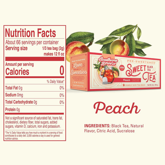 Southern Breeze Peach Family Size Tea Bags, 22 Ct (Pack of 2) | Southern-Style Sweet Tea | By the Pitcher | Zero Sugar | Zero Carbs | Hot Brew Ready | Perfect for Family