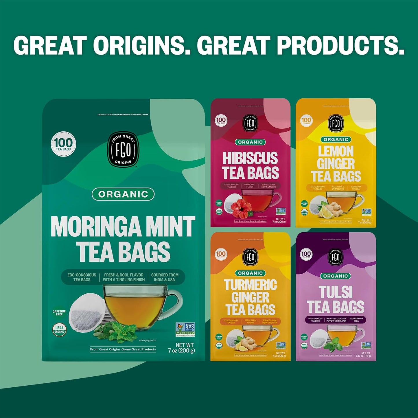 FGO Organic Moringa Mint Tea, 100 Count, Eco-Conscious Herbal Tea Bags, Resealable Bag, Caffeine Free, Packaging May Vary (Pack of 1)