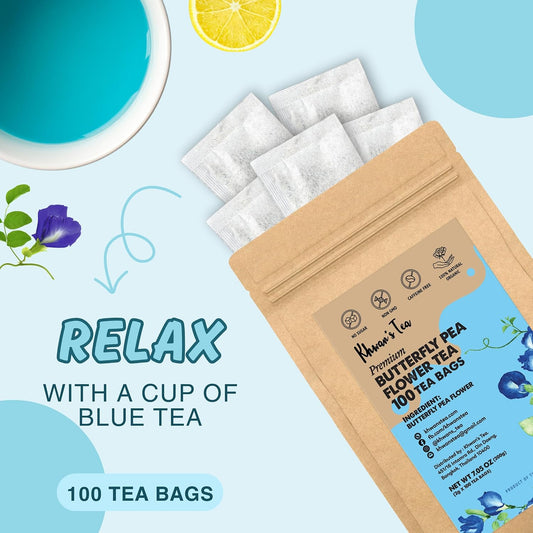 KHWAN'S TEA Organic Butterfly Pea Flower Tea Bags, 100 Count | USDA Organic butterfly pea flower, color-changing blue herbal tea, whole-flower, caffeine-free, vegan, Thai-grown, 100 ct