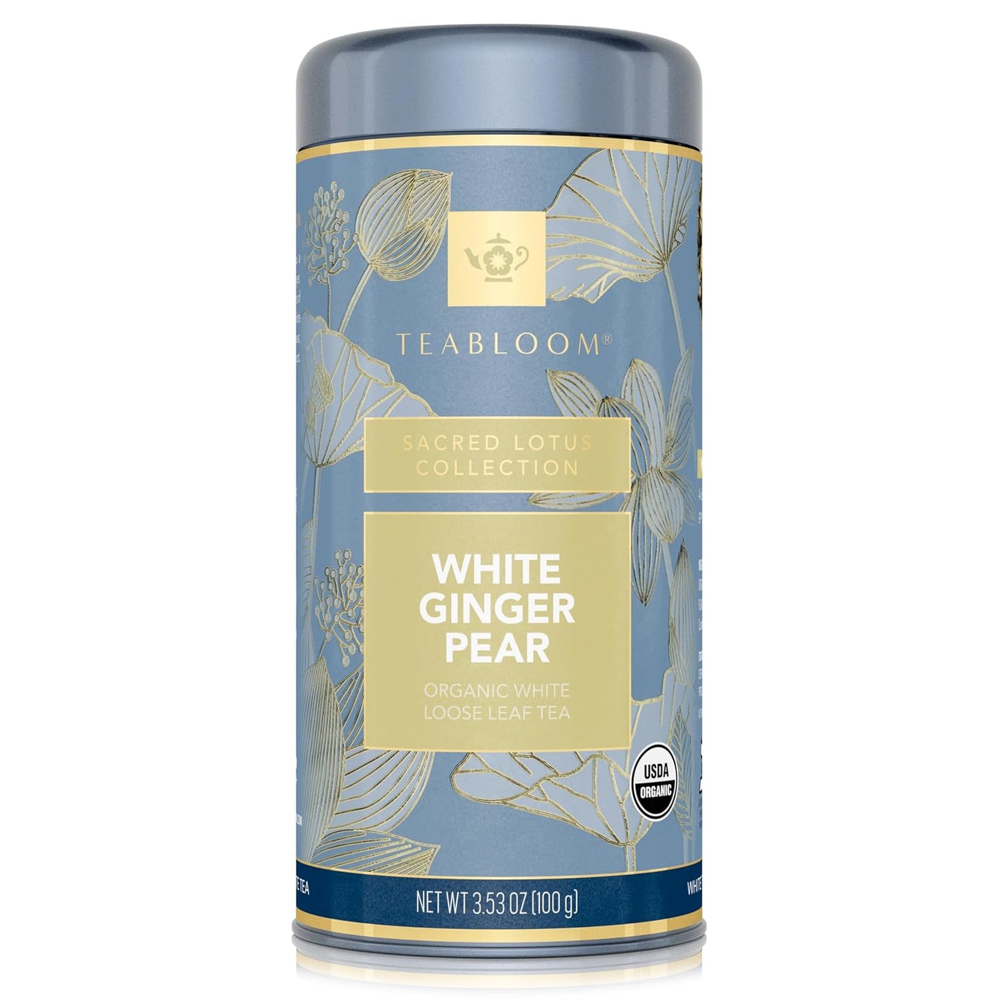 Teabloom Organic White Tea, White Ginger Pear Loose Leaf Tea, Distinctive and Delicate White Tea, USDA Certified Organic and Kosher Certified, 3.53 oz/100 g Canister Makes 35-50 Cups