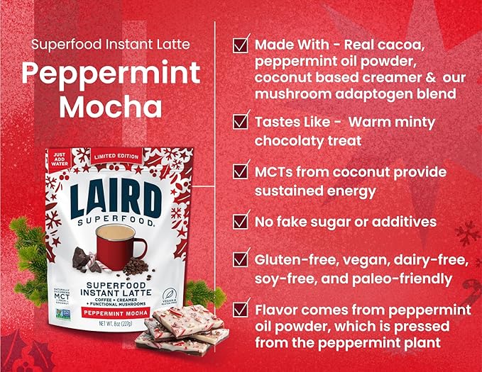 Laird Superfood Peppermint Mocha Instant Latte with Adaptogens – Antioxidants and Superfood Coconut Creamer – Boost of Functional Fuel – Gluten Free, Non-GMO, Vegan, 8 oz. Bag, Pack of 1