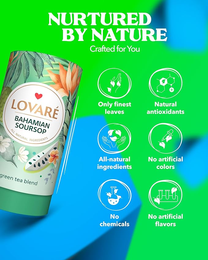 LOVARE Bahamian Soursop Loose Leaf Tea – 80 g Premium green tea blend with Soursop Pieces & Marigold Petals – Ukrainian Brand – Authentic Gift Tube with 15 Paper Filters – Easy to Brew tea Blend