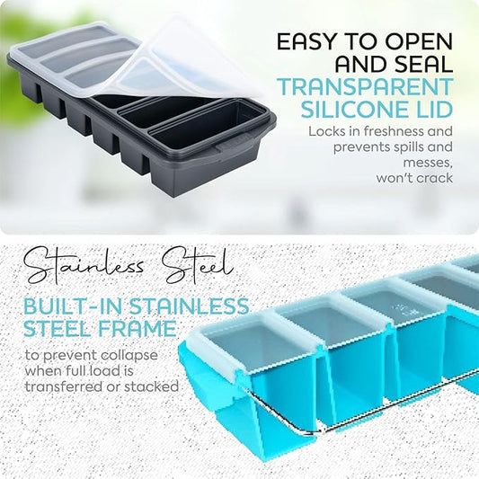 1/2 Cup Silicone Freezer Tray With Lid - Silicone Freezer Molds 2-Pack For meal prep & freezing of various sauces and other dishes, makes 12 perfect 1/2 cup portions cubes,oven and dishwasher safe