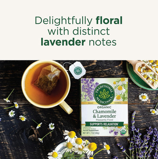 Traditional Medicinals Organic Chamomile & Lavender, 32 Tea Bags | Chamomile Tea Supporting Stress Relief and Relaxation, Kosher, Non-GMO, Caffeine-Free, Compostable