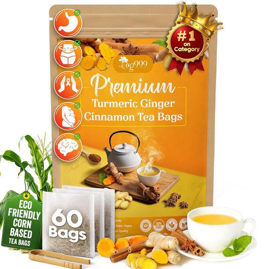 TOG999, 60 Bags Premium Turmeric Ginger Cinnamon Tea, Improve Digestion, Support Brain, Weight, Skin and Sleep, Eco-Conscious Tea Bags and Premium Natural Ingredients. Turmeric Ginger Herbal Tea. No Sugar, No Caffeine, No Gluten, Vegan.