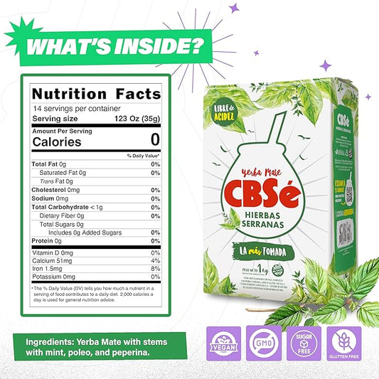 CBSe Hierbas Serranas Yerba Mate – Loose Leaf Yerba Mate Tea with Mountain Herbs, Naturally Caffeinated, Gluten-Free, 1 kg (2.2 lbs)