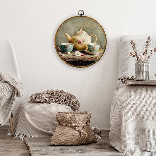 XPH Vintage Kitchen Round Wall Art Framed, Rustic Kitchen Circle Wall Decor, Farmhouse Country Tea Time Floral Teapot Hanging Canvas Prints for Kitchen Home Dining Room Decoration, 10x10 Inch