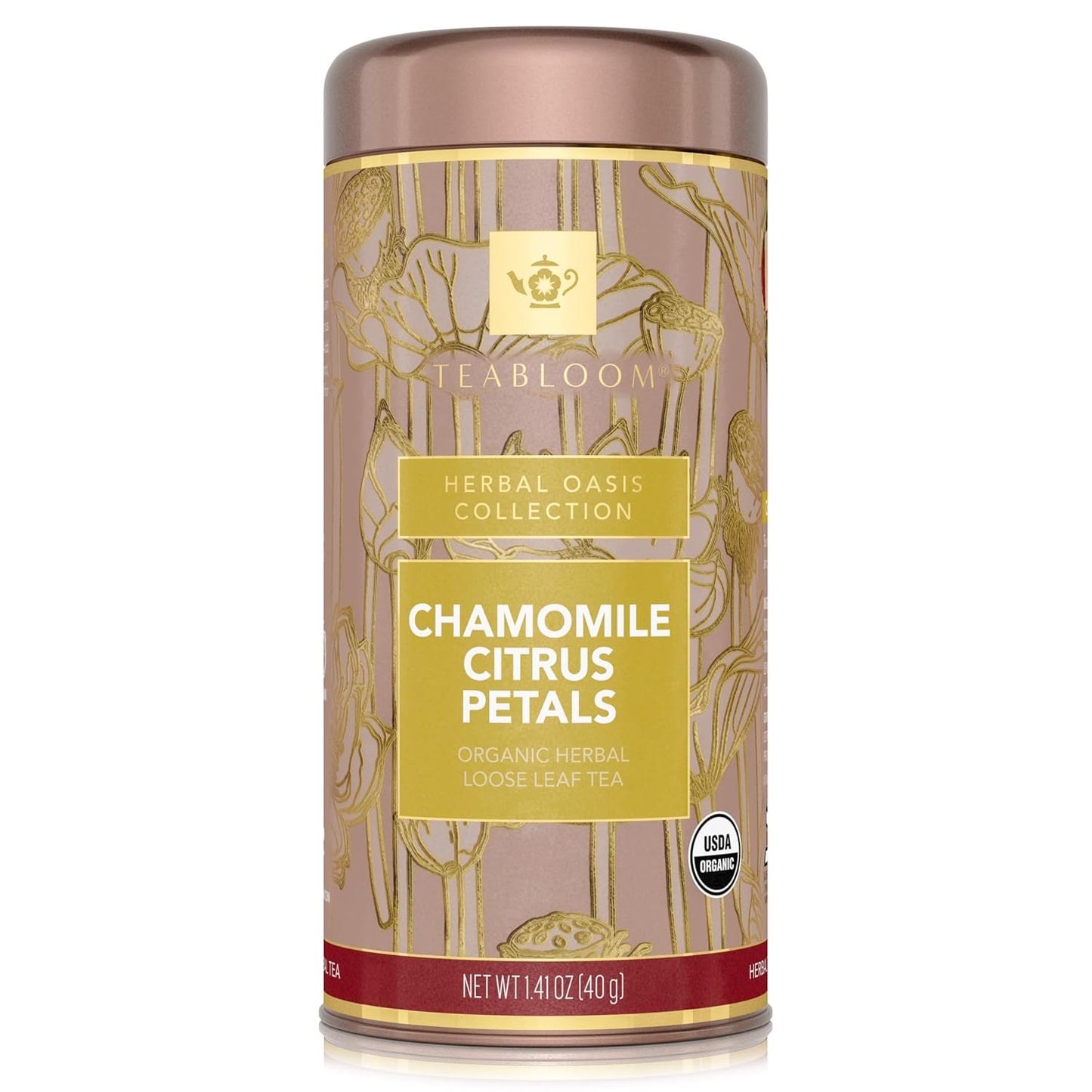 Teabloom Organic Herbal Tea, Chamomile Citrus Petals Loose Leaf Tea, Relaxing Chamomile Blend, USDA and EU Certified Organic, Fresh Whole Leaf in Reusable Gift Canister, 1.41 oz/40 g Canister Makes 35-50 Cups