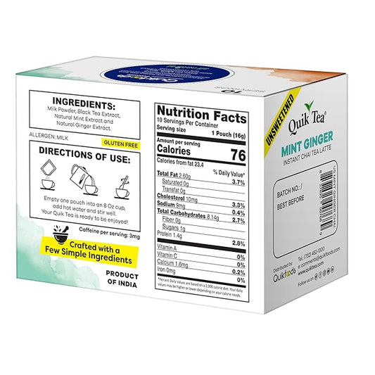 QuikTea Mint Ginger Unsweetened Chai Tea Latte – 10 Count, Bold Mint Ginger Flavor, Naturally Caffeine-Light, no preservatives, No Sugar Added – Just Add Hot Water