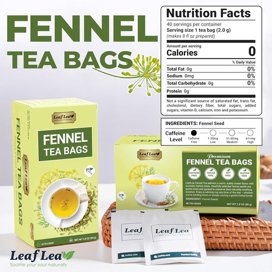 LeafLea Fennel Seed Tea Bags, Pure Herbal Fennel Tea, 80 Count | Naturally Sweet Digestive Herbal Tea, Individually Foil-Wrapped, 80 Bags · 2 Boxes, Caffeine-Free, Sugar-Free