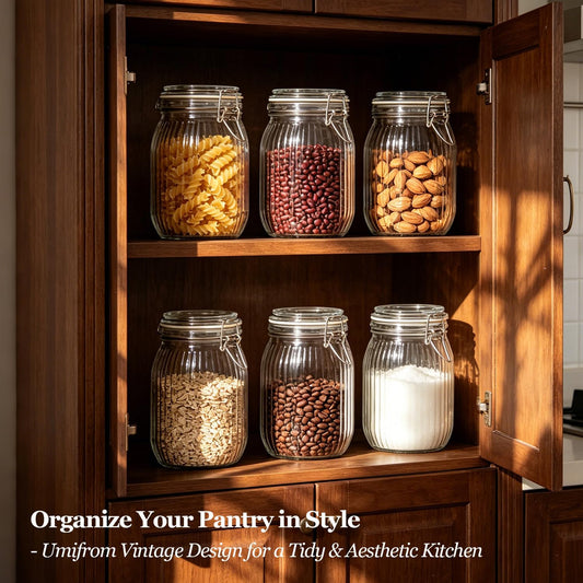 ComSaf Ribbed Glass Storage Jars Airtight Lids 34oz 3 Pack Pantry Flour | BPA-free food-grade glass, ribbed texture, bulk flour & rice, pantry organization, kitchen canister set