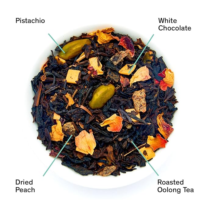 August Uncommon Dark Iris – Pistachio Peach Oolong Holiday Tea – Smooth and Energizing Loose Leaf Blend with Floral and Fruity Notes for Cozy Winter Enjoyment (1.75oz)