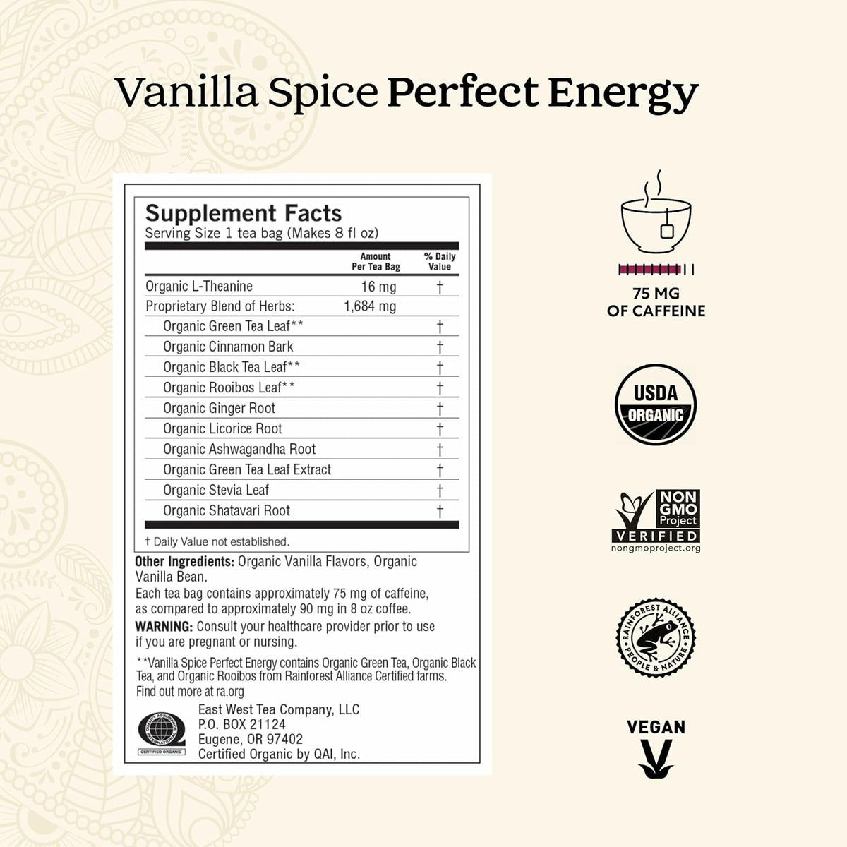 Yogi Tea Vanilla Spice Perfect Energy - 16 Bags per Pack (4 Packs) - Organic Vanilla Energy Tea - Focus Tea - Includes Green Tea, Black Tea, Ashwagandha, L-Theanine & More