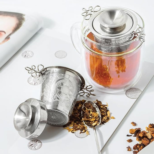 Luxury Tea Strainer Set - Stainless Steel Infuser with Diamond Patterns, Crystal Accent Chain, Fine Mesh Filter & Ergonomic Handle for Loose Leaf Tea