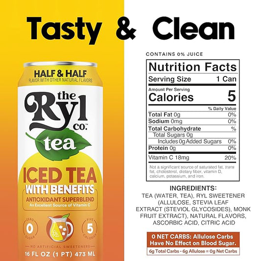 Ryl Iced Tea, Half & Half, Antioxidant Superblend, No Artificial Ingredients, 16.0 Fl Oz (12-Pack)