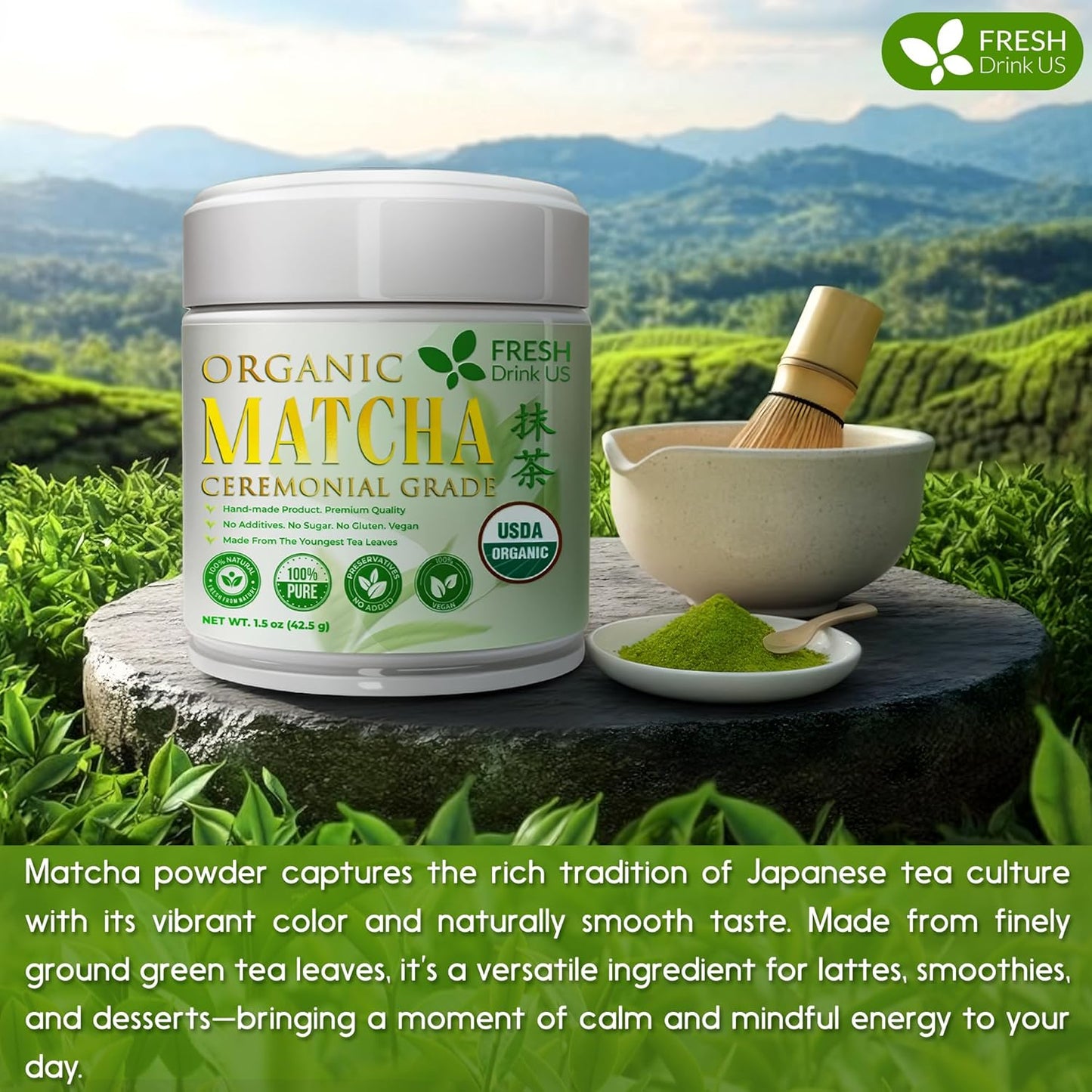 FreshDrinkUS, Organic 1.5 oz Luxury Ceremonial Grade Matcha | USDA - Premium Japanese Green Tea Powder | Stone-Ground Shade-Grown Leaves | Rich Umami Flavor, Vibrant Color & Smooth Finish