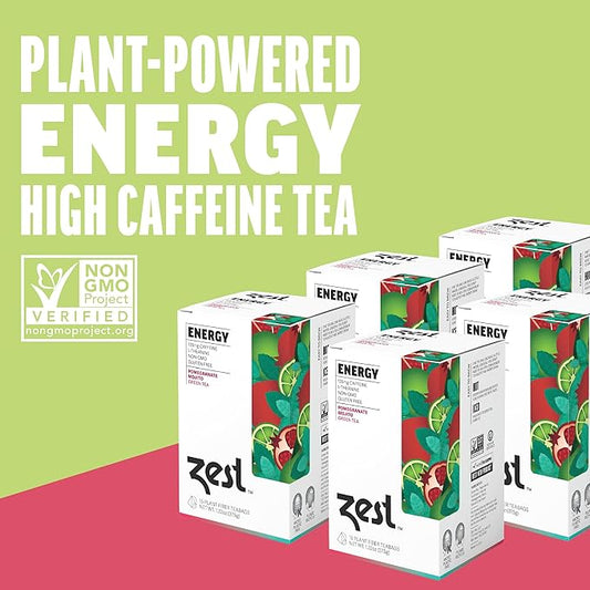 Zest Energy Green Tea – Pomegranate Mojito High Caffeine Tea Bags for Focus & Morning Energy – Natural Caffeinated Tea with 135mg Caffeine – Coffee Substitute – 15Ct Box, Non-GMO & Keto Friendly