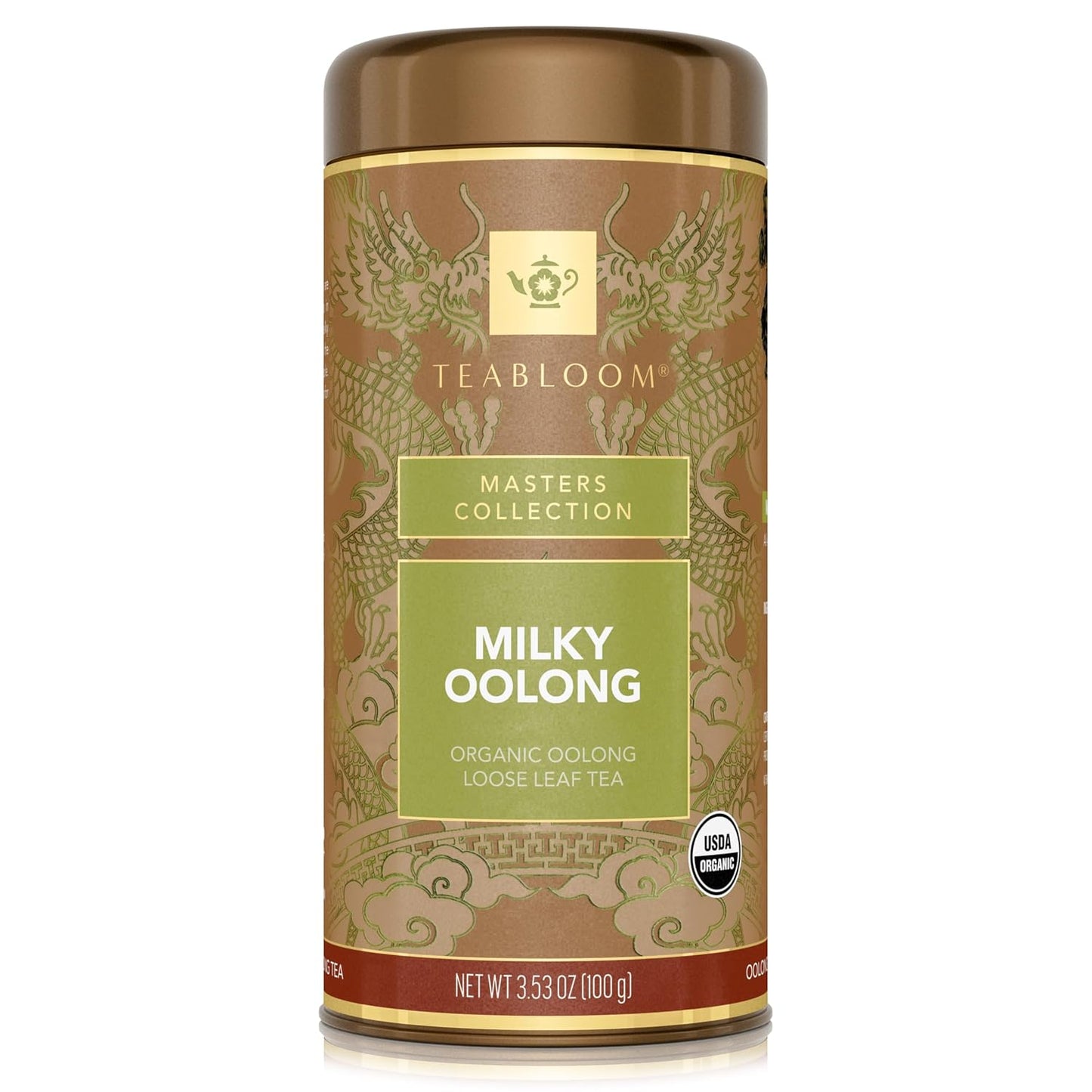Teabloom Organic Oolong Tea, Milky Oolong Loose Leaf Tea, Rolled Leaves Famous for its Milky Taste and Silky Texture, 3.53 oz/100 g Canister Makes 35-50 Cups