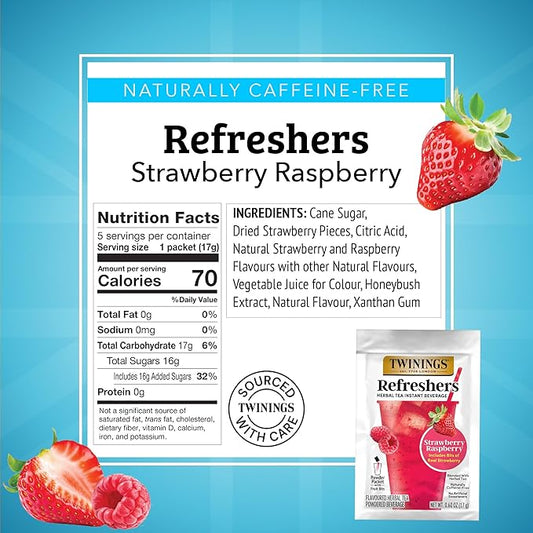 NEW Twinings Strawberry Raspberry Refreshers, Herbal Tea Instant Beverage with Real Strawberry Fruit Bits, 5 Count (Pack of 2), Café Style, No Artificial Sweeteners, Naturally Caffeine-Free, 5 Packets