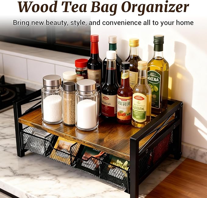 Tea Holder Organizer,Wood Tea Box Organizer Storage Box,Tea Caddy for Tea Bags Organizer Drawer