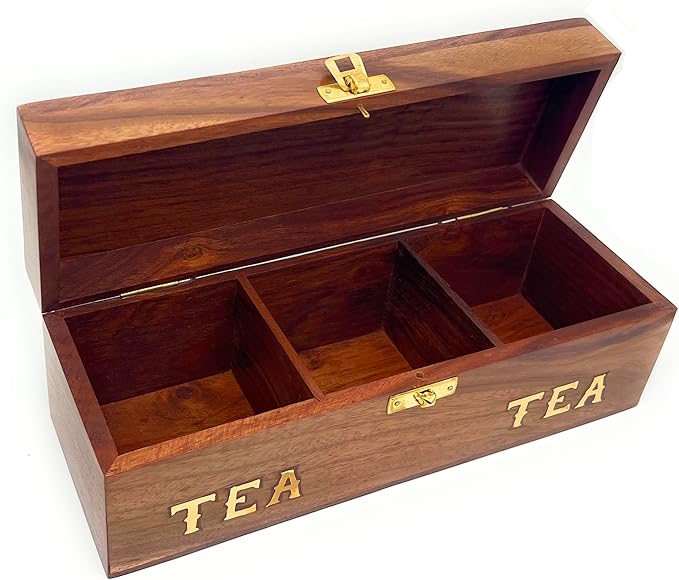 Handcrafted Rosewood Tea Box, 3-Compartment Tea Bag Organizer, Natural Wood Decorative Storage Chest with Brass Inlay, Artisan made in South Asia