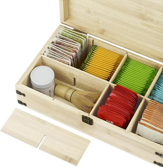 Large Wooden Tea Organizer Box, Big 14" Pine Storage Chest, 8-Slot Tall, Adjustable Shelves, 100% Handmade Craft Eco-Friendly Natural Décor