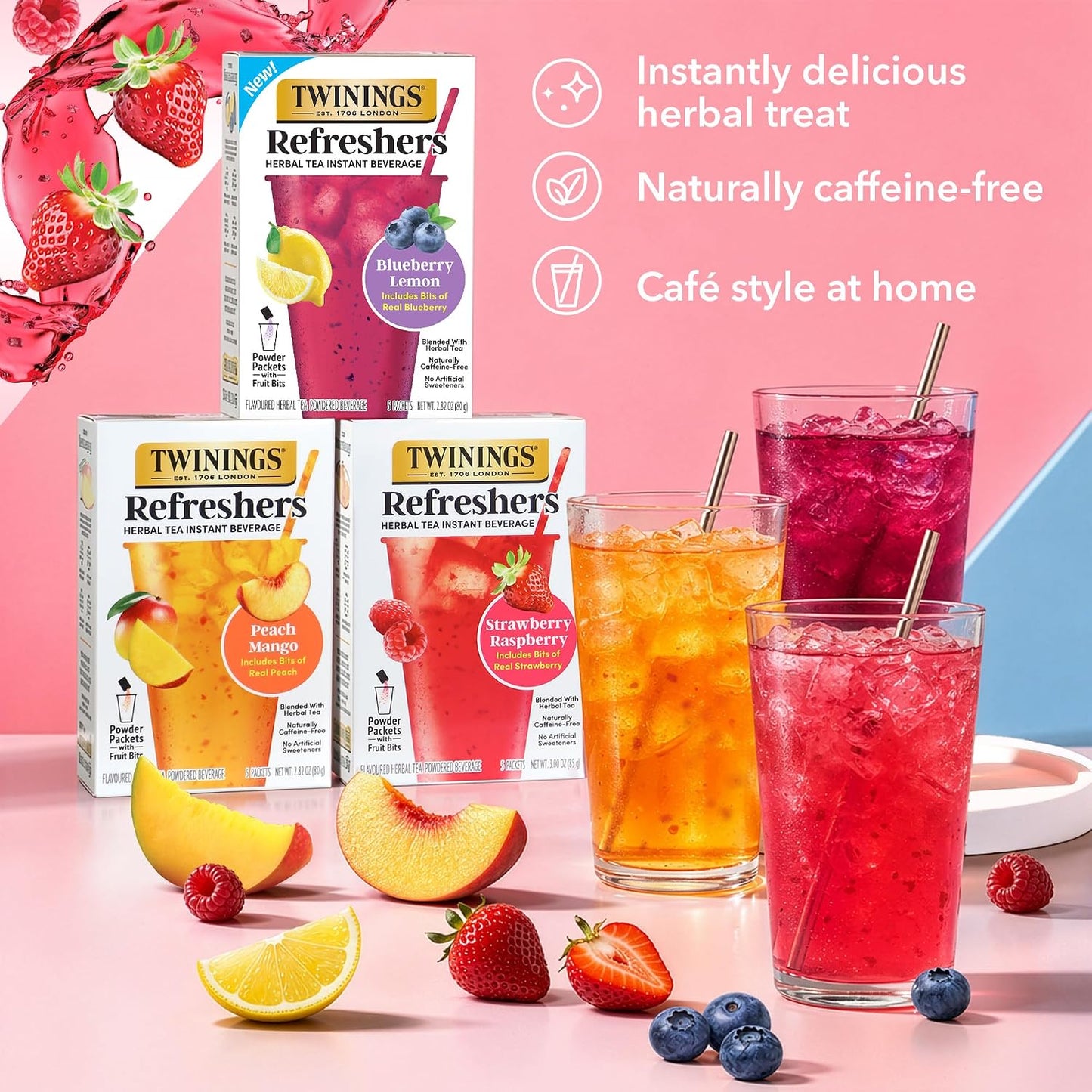 Twinings Peach Mango Refreshers, Herbal Tea Instant Beverage with Real Peach Fruit Bits, 5 Count (Pack of 6), Café Style, No Artificial Sweeteners, Naturally Caffeine-Free Refreshment, 30 Packets | Café Style, Instant Beverage with Real Peach Bits, No Art