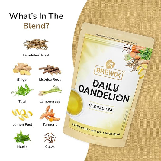 BREWIX, Dandelion Root Detox Tea (25 Pyramid Tea Bags) Caffeine-Free Herbal Blend with Ginger, Tulsi & Turmeric | Supports Liver Health & Gentle Cleanse | Natural & Refreshing | Direct from Source