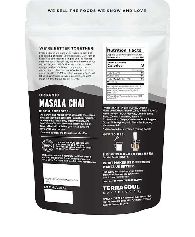 Terrasoul Superfoods Organic Instant Masala Chai, 6.35oz - 30 Servings | Mushroom Coffee Alternative | Energy, Focus, and Immunity Support