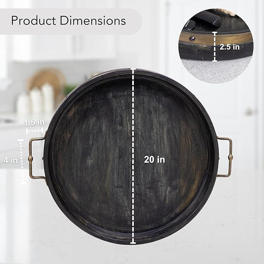 20” Large Round Ottoman Tray, Distressed Black Mango Wood, Rustic Farmhouse Style with Antique Brass Handles & Accent Strap, Large Coffee Table Tray for Tea, Breakfast in Bed, Living Room