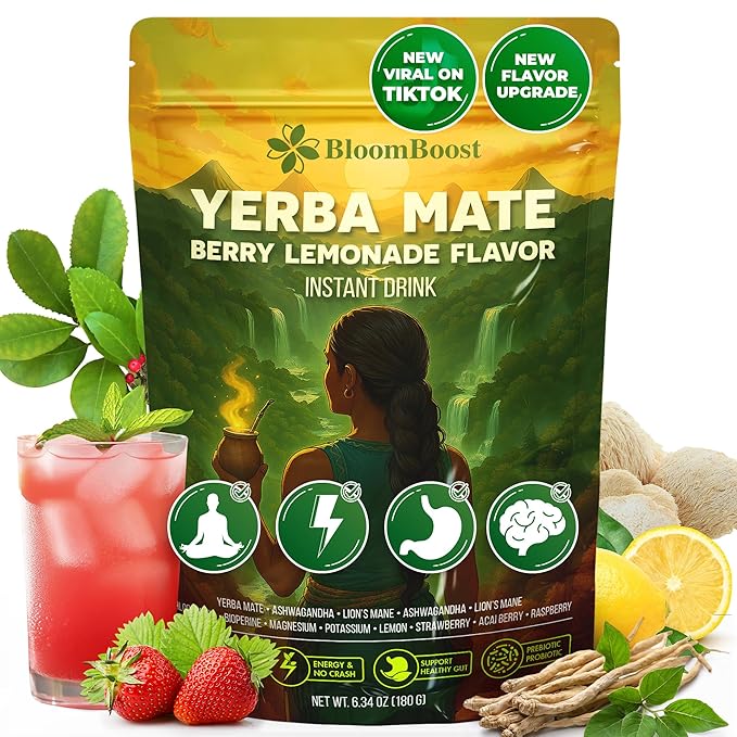 Yerba Mate Instant Tea Powder – Yerba Mate, Ashwagandha, Lion’s Mane, Chlorophyll, Berry Lemonade Flavor – 6.34 oz (18 Servings) – Sugar-Free, Gluten-Free, Superfood Energy & Focus Blend