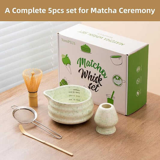 5pcs Premium Matcha Set,Ceramic Bowl with Spout and Bamboo Whisk set, Ceremonical Matcha Kit for breakfast/latte,Tea Starter Making Kit,Unique Matcha Gift set (green)