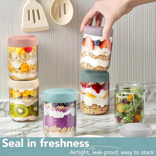 6-pack Overnight Oats Containers with Lids, 16oz Clear Glass Jars with Airtight Lids, Wide mouth Mason Jars, Food Storage Containers for Meal Prep Chia Spice Cereal Snacks Yogurt Salad Pudding Sugar