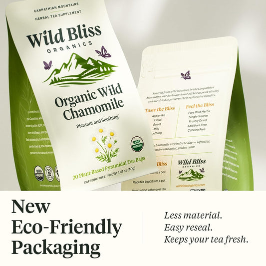 Wild Bliss Organic Chamomile Tea - Caffeine Free Calming Herbal Support - Pharmacopoeia Potency - 20 Plant Based Tea Bags