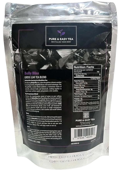 Pure And Easy Tea, Belly Bliss, Natural Detox & Bloating Relief Tea, 100% Natural Loose Leaf Slimming Blend with Yerba Mate, Dandelion Leaf, Caffeinated, 30-Day Supply, 100g